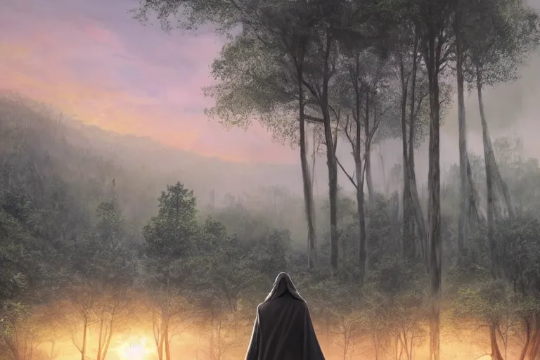 Prompt: ancient wizard walking through the forest as a dark figure in robes during a beautiful sunset, jungle mountains in the background with huge incredibly immense trees, highly detailed, gandalf hyperrealism high detailed figure, trending on art station, flying birds in the distance, ancient forest like fanal forest or fangorn forest, misty forest, realistic painting, sharp image, jurassic image, hyper realistic art, highly detailed leaves, cinematic
