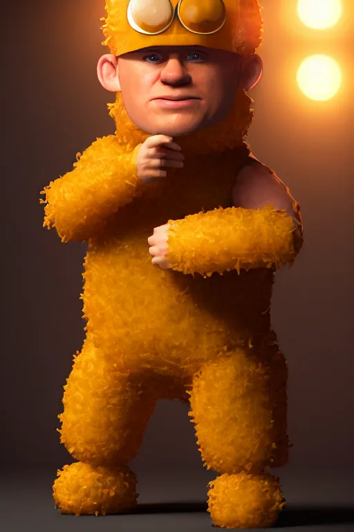 Image similar to channing tatum in a tater tot costume, tater tot face, ef 8 5 mm f 1. 8 usm, bionic scifi alexandre ferra, hyper detailed, digital art, trending in artstation, cinematic lighting, studio quality, smooth render, unreal engine 5 rendered, octane rendered