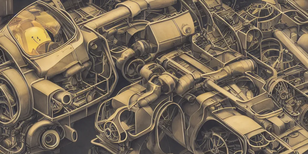 Image similar to collection of exploration of form and shapes, moebius, engine, props, hard surface, panel, simon stalenhag, kitbash, items, gadget, big medium small, close up, vehicles, futuristic, parts, machinery, greebles, insanely detailed, case, hardware, golden ratio, wes anderson color scheme, in watercolor gouache detailed paintings, sleek design, clear