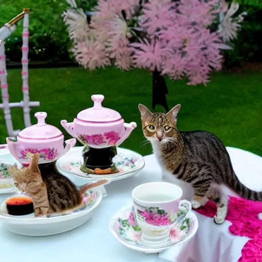 Image similar to three tabby cats attend a fancy english tea party, photorealistic