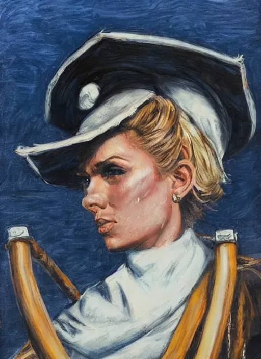 Image similar to portrait of sailor on ship deck, beautiful! coherent! by brom, deep color, strong line, high contrast