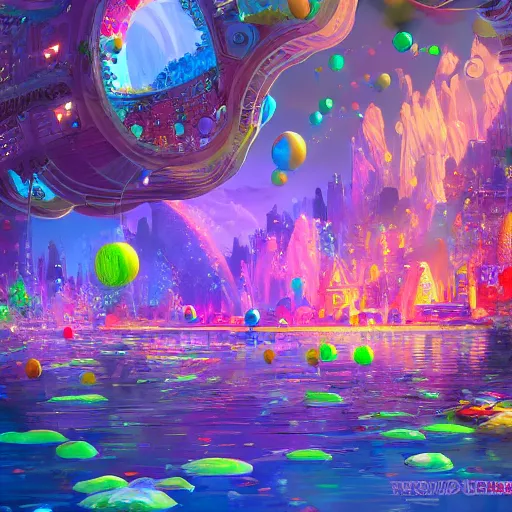 Image similar to a utopian city, filled with extremely colorful fauna, with bubbles floating around everywhere, dynamic lighting, fantasy concept art, trending on art station, stunning visuals, creative, cinematic, ultra detailed