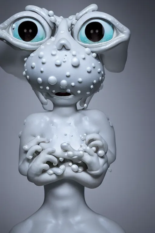 Image similar to full head and shoulders, beautiful porcelain female person, mixed with three giant frog spawn eyes, smooth, delicate facial features, white detailed eyes, white lashes, 3 d white shiny thick, larg tentacles and eyeballs, background is an empty art gallery, by daniel arsham and james jean, featured in pictoplasma