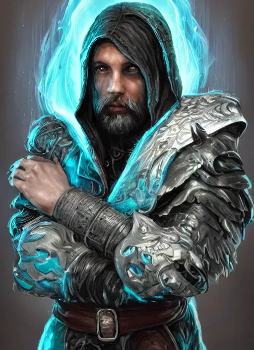 Image similar to An epic fantastic realism comic book style portrait painting of arrogant aasimar hexblade warlock, teal electricity, male, shaggy silver hair, short beard, dark gray cloak, 4k, 8k, Apex Legends Concept Art, D&D Concept Art, unreal 5, DAZ, hyperrealistic, octane render, cosplay, RPG portrait, dynamic lighting