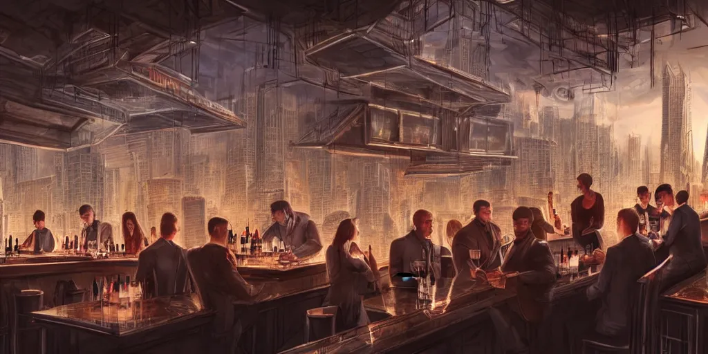 Image similar to an intricate concept art of a few rich people drinking in a bar on top of a building overlooking a towering destroyed megastructure city, sci-fi, cinematic lighting, hyper realistic, art by dylan cole, detailed matte painting, digital art