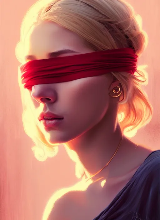 Image similar to blindfolded handsome young women with shoulder length blonde hair, half body shot, path traced, highly detailed, high quality, digital painting, alena aenami, lilia alvarado, shinji aramaki, karol bak, alphonse mucha, tom bagshaw