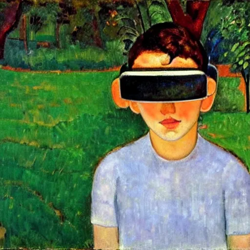 Image similar to A young boy wearing an Oculus VR headset on his face, standing in the middle of a lush garden, beautiful masterpiece oil on canvas by Amedeo Modigliani, long shot