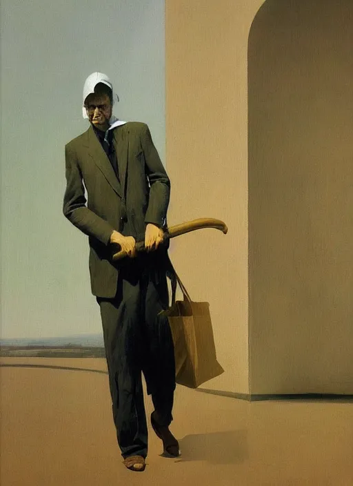 Prompt: man with a paper bag over the head and a sward shopping Edward Hopper and James Gilleard, Zdzislaw Beksinski, Steven Outram highly detailed