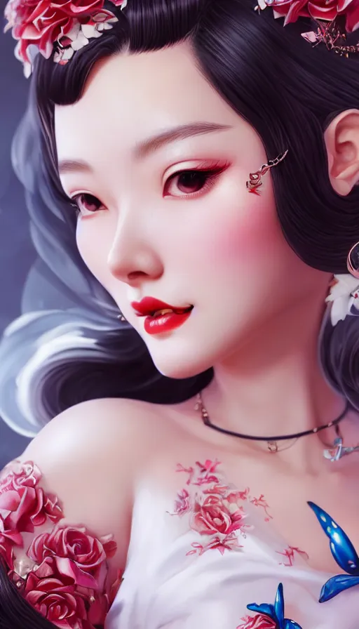 Image similar to a pin up and beautiful fashion and charming and dreamlke asian girl, lv jewelry, art by artgerm & jeehyung lee & wlop, hyperdetailed, 8 k realistic, symmetrical, frostbite 3 engine, cryengine, dof, trending on artstation, digital art