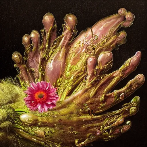 Image similar to disgusting disturbing dutch golden age bizarre mutant wet dew flower floral still life with many human toes realistic human toes blossoming everywhere insects very detailed fungus tumor disturbing tendrils bizarre slimy forms sprouting up everywhere by rachel ruysch christian rex van minnen black background chiaroscuro dramatic lighting perfect composition high definition 8 k 1 0 8 0 p