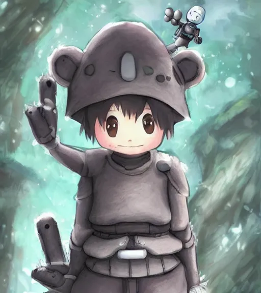 Prompt: beautiful little boy wearing an cyborg bear suit, artwork in kentaro miura and made in abyss and bomberman and codename : kids next door, smooth, beautiful lightness, anatomically correct, trending on pixiv, forest