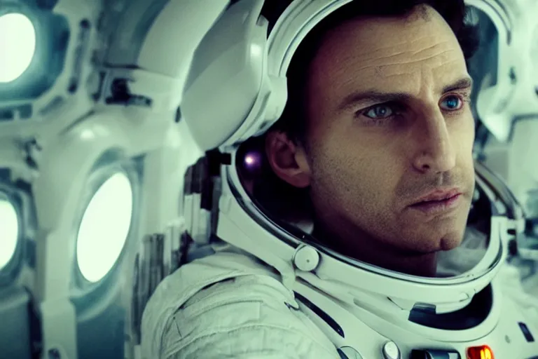 Prompt: VFX movie of a futuristic spaceman closeup portrait in high tech spaceship, beautiful natural skin neon lighting by Emmanuel Lubezki