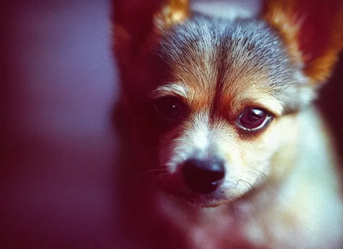 Image similar to a extreme close - up photo, color studio photographic portrait of a little dog, dramatic backlighting, 1 9 9 3 photo from life magazine,