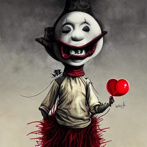 Image similar to surrealism grunge cartoon portrait sketch of a scarecrow with a wide smile and a red balloon by - michael karcz, loony toons style, pennywise style, horror theme, detailed, elegant, intricate