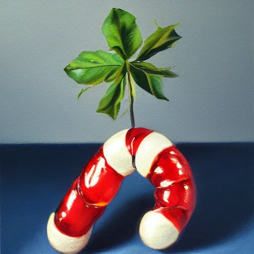 Prompt: hype realistic oil painting of an anthropomorphic shrimp holding a candy cane