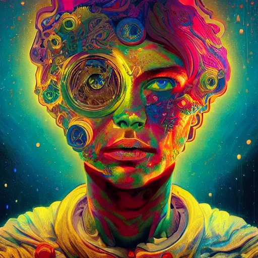 Image similar to An extremely psychedelic experience, colorful, surreal, dramatic lighting, cosmonaut, LSD, face, detailed, intricate, elegant, highly detailed, digital painting, artstation, concept art, smooth, sharp focus, illustration, art by Sam Spratt, Dan Mumford, Artem Demura and Alphonse Mucha