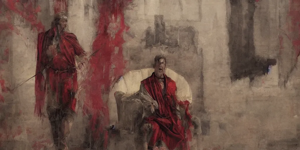 Image similar to the end is near. a tired julius caesar is sitting on his throne. face is highly detailed. splices of red are running down his toga. mist. color scheme red. low angle medium shot. imagined by jeremy lipking