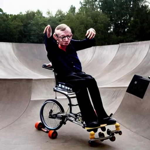 Image similar to Stephen Hawking doing tricks at a skate park