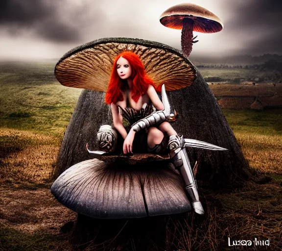 Image similar to a photo of an armored woman warrior redhead with antlers sitting on a giant mushroom that covers a whole village and reaches above the clouds by luis royo. intricate. lifelike. soft light. sony a 7 r iv 5 5 mm. cinematic post - processing