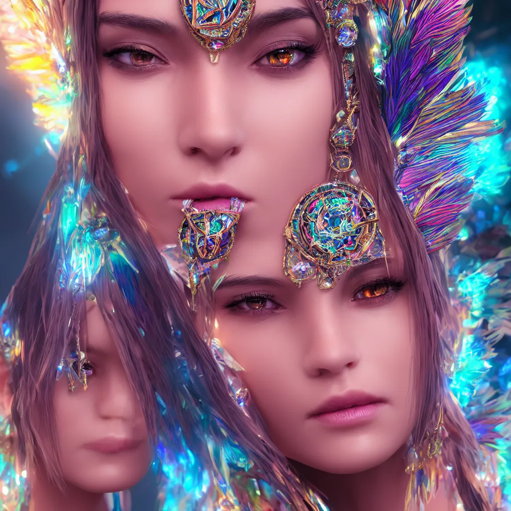 Image similar to close up face portrait highly detailed beautiful symmetrical face high priestess intricate elegant detailed crystal jewellery with tribal feathers, lush colourful volumetric lighting, anime digital painting, concept art, smooth, sharp focus 3 d, divine realm of gods, realistic cinematic style, octane render, photographic, unreal engine 8 k