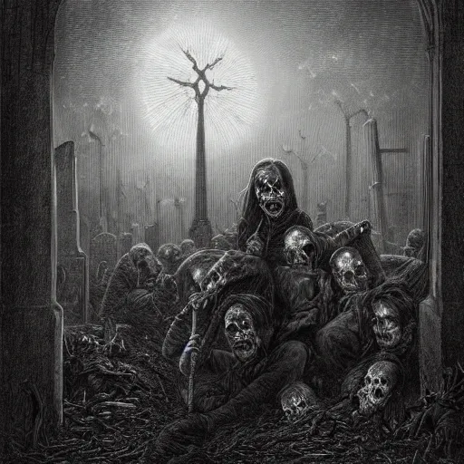 Image similar to 9 steel barrels in a graveyard, 2 zombies, creepy atmosphere, dark, portrait, realistic, illustration by gustave dore