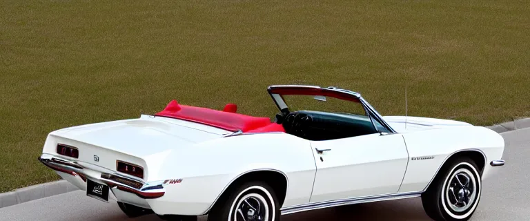 Image similar to Ermine White Chevrolet Camaro Z/28 Convertible (1967), soft top, red interior, widest shot, zoom out, created by Barclay Shaw