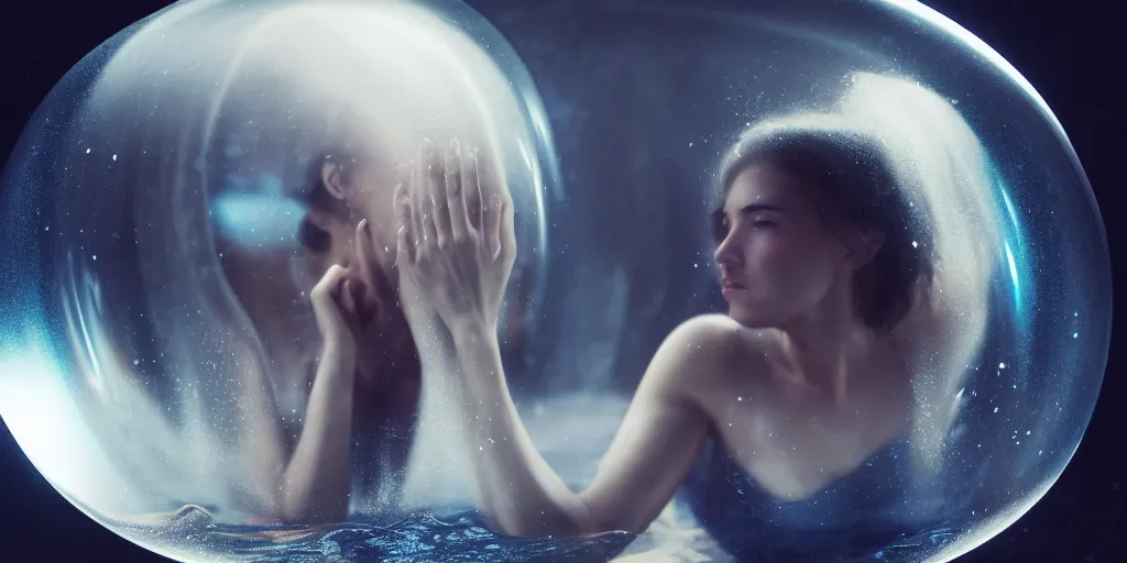 Prompt: a beautiful woman swimming inside a bubble spherical celestial biomechanics, 1 6 k, photorealistic, cinematic composition, movie concept art, cinematic composition 8 k, intricate detail, high detail, hd, octane render, unreal engine, v - ray, cinematic lighting, octane, volumetric lighting, dark moody lighting, atmosphere, smoke, fog, matte painting, extreme long shot