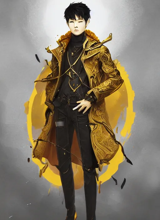 Prompt: a highly detailed illustration of young attractive japanese guy wearing black detective coat, yellow eyes, dramatic standing pose, intricate, elegant, highly detailed, centered, digital painting, artstation, concept art, smooth, sharp focus, league of legends concept art, wlop.