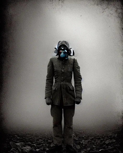 Image similar to full-body creepy realistic vintage photo central composition a decapitated soldier with futuristic elements. he welcomes you into the fog with no head, dark dimension, empty helmet inside is occult mystical symbolism headless full-length view. standing on ancient altar eldritch energies disturbing frightening eerie, hyper realism, 8k, sharpened depth of field, 3D