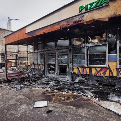 Image similar to the outside of an abandoned pizza restaurant that burnt to the ground, realistic photo