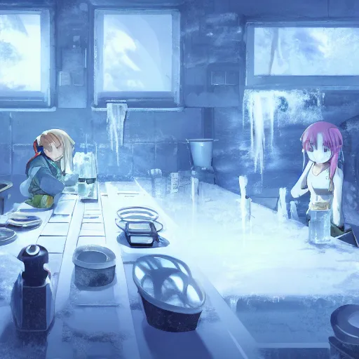 Image similar to interior of the frozen meth lab, anime fantasy illustration by tomoyuki yamasaki, kyoto studio, madhouse, ufotable, square enix, cinematic lighting, trending on artstation