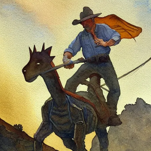 Image similar to a watercolor painting of a cowboy riding a dinosaur in the style of n. c. wyeth and in the style of james gurney.