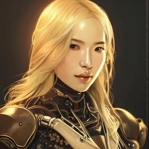 Image similar to ultra realistic illustration of android song hye - kyo, warframe, intricate, nier automata, sunset, golden hair, elegant, highly detailed, digital painting, artstation, concept art, smooth, sharp focus, illustration, art by artgerm and akihiko yoshida and alphonse mucha