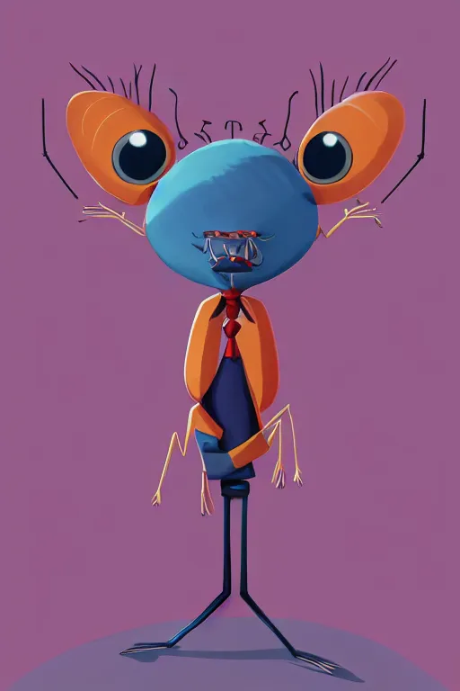 Prompt: colorful full body shot of a thin anthropomorphic cockroach with big eyes wearing a suit, with long thin antennae, trending on artstation, trending on deviantart ,backlighting, 8k, hyper detail illustration, symmetrical, correct proportions, illustration by tim schafer, vibrant colors, by pixar, orange lights, pink shadows