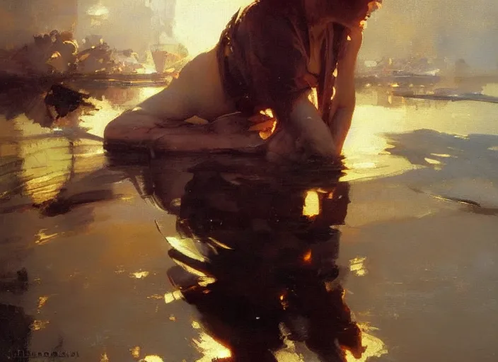 Prompt: oil painting of reflective copper still by anders zorn, wonderful art by greg rutkowski, beautiful cinematic light, american romanticism by greg manchess, reflections and refraction, sunlight