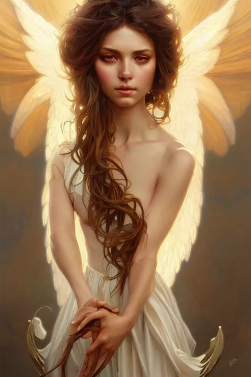 Image similar to Angel portrait, fantasy, amber eyes, face, long hair, intricate, elegant, highly detailed, digital painting, artstation, concept art, smooth, sharp focus, illustration, art by artgerm and greg rutkowski and alphonse mucha