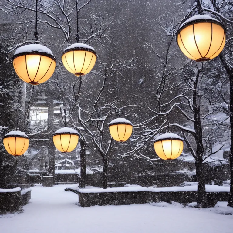 Prompt: a snowy japanese courtyard at night illuminated by globe lamps