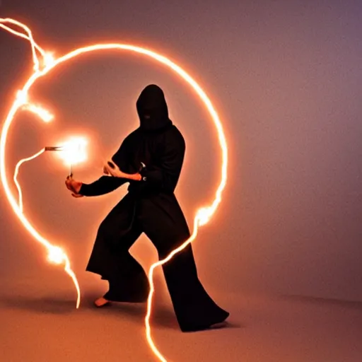 Prompt: photo of a ninja shooting electricity out of his hand