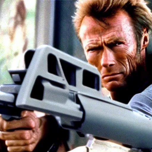 Prompt: film still of clint eastwood as alan grant holding a futuristic proton rifle in jurassic park 1 9 9 3