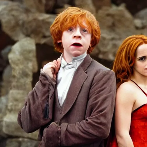 Prompt: emma watson as sexy hermione granger, and rupert grint as ron weasley, in the austin powers movie