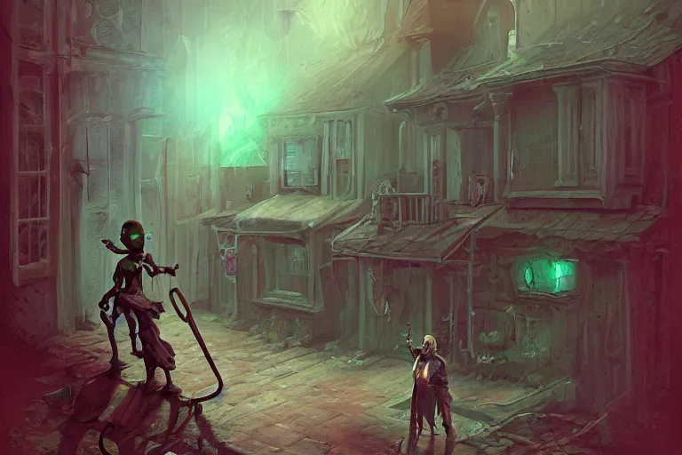 Prompt: drow house captain cursed by the medicine, painted by paul youll and marc simonetti, trending on artstation, dramatic lighting isometric view street art, crayon art, tilt - shift, final, remodernism