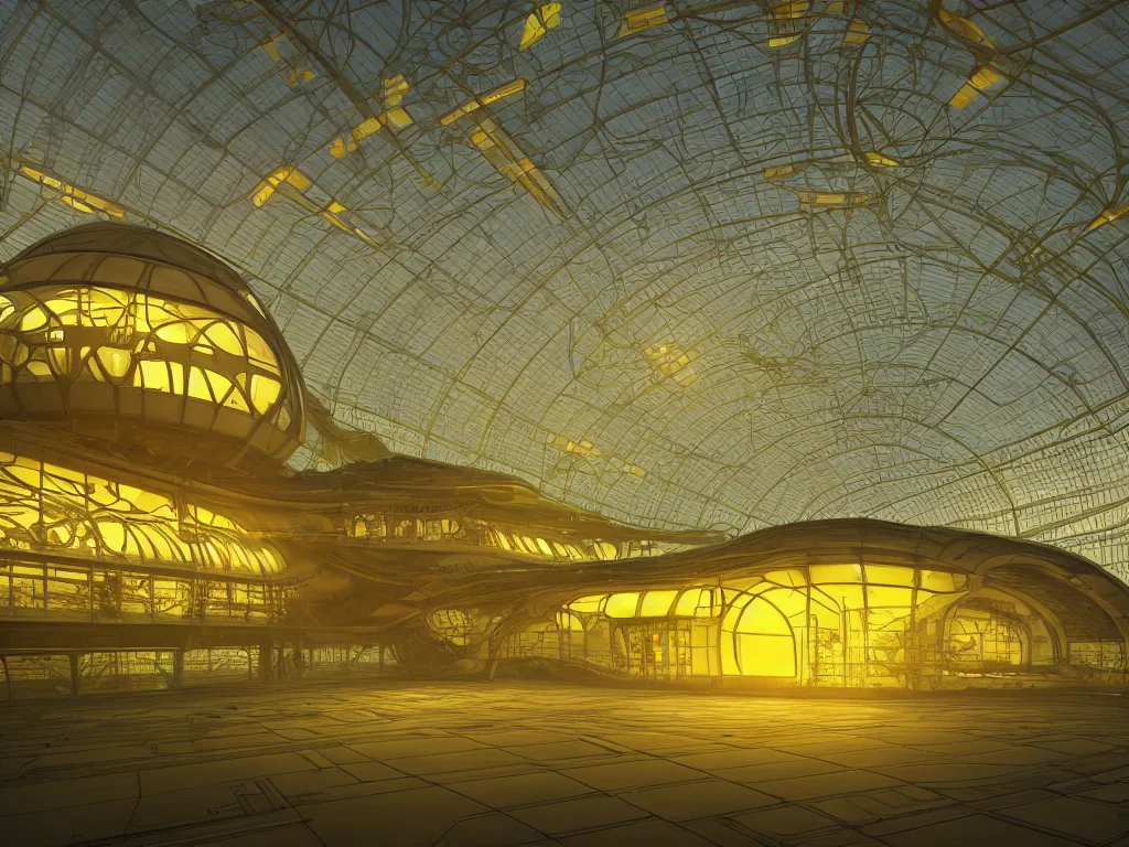 Image similar to Large Spaceship in style of an Art Nouveau Greenhouse in Space; yellow lights; by Beeple; very detailed, 3D Rendered matte painting, fresnel effect, subsurface scattering, DSLR, trending on Artstation Unreal Engine VRa