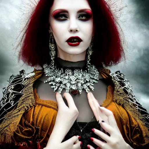 Prompt: beautiful vampire queen with ornate dress, highly detailed, 4k, HDR, smooth, sharp focus, hyper realistic, high resolution, award-winning photo