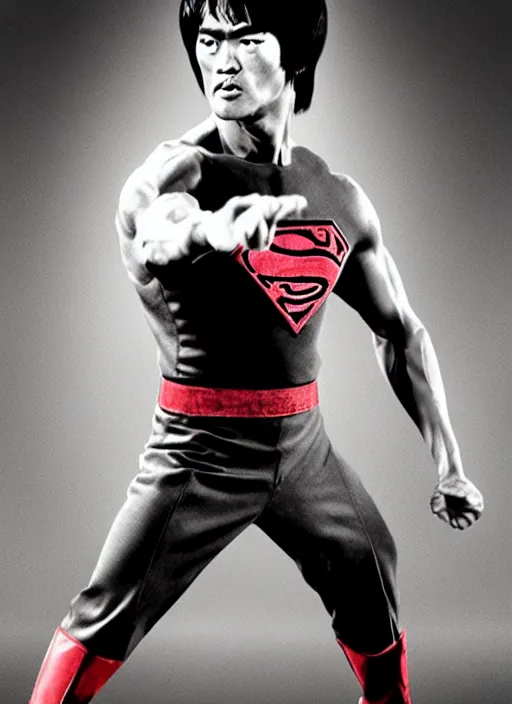 Image similar to Film poster Bruce lee fights VS superman, full body, detailed and realistic, 4k, filmic render