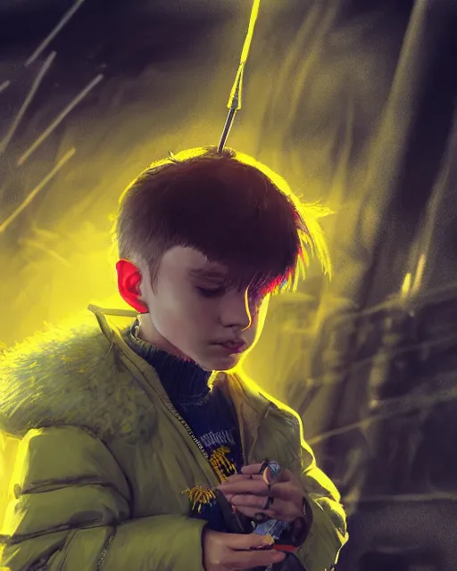 Image similar to a tiny punk kid wearing a puffy yellow jacket and a wizard wand, smooth, intricate, elegant, digital painting, artstation, concept art, sharp focus, octane render, illustration, art by ayami kojima, valorant character,