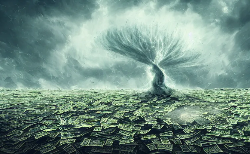 Image similar to A tornado made of cash and Ethereum, crypto, magical, landscape art, concept art, intense, 4k UHD