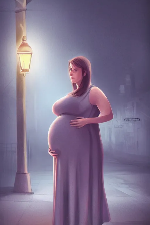 Image similar to pregnant woman under street light, highly detailed, sharp focused, ultra realistic digital concept art by Nil Tawata