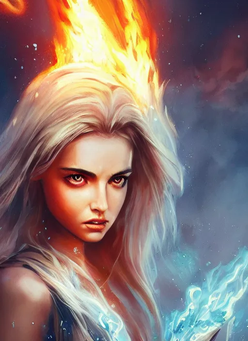 Image similar to evil pretty blond girl dragon surrounded by fire tornadoes, flawless symmetrical pretty cute face, ana de armas, hetrochromia, greg rutkowski, 8 k, shallow depth of field, intricate detail, concept art,