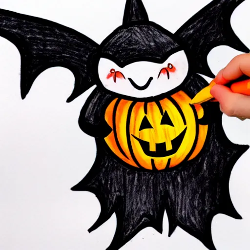Prompt: drawing of a cute kawaii bat carrying a pumpkin marker on whiteboard