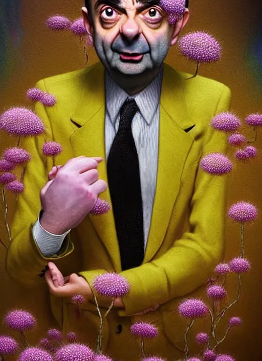 Prompt: hyper detailed 3d render like a Oil painting muted colors - slightly silly portrait of Rowan Atkinson as Mr. Bean in Aurora seen Eating of the Strangling network of yellowcake aerochrome and milky Fruit and Her delicate Hands hold of gossamer polyp blossoms bring iridescent fungal flowers whose spores black the foolish stars by Jacek Yerka, Mariusz Lewandowski, Houdini algorithmic generative render, Abstract brush strokes, Masterpiece, Edward Hopper and James Gilleard, Zdzislaw Beksinski, Nicoletta Ceccoli, Wolfgang Lettl, hints of Yayoi Kasuma, octane render, 8k